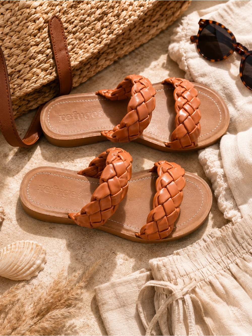 Refuge Braided Slide Sandals Brown Woven Leather Look Resort Slides Size 8